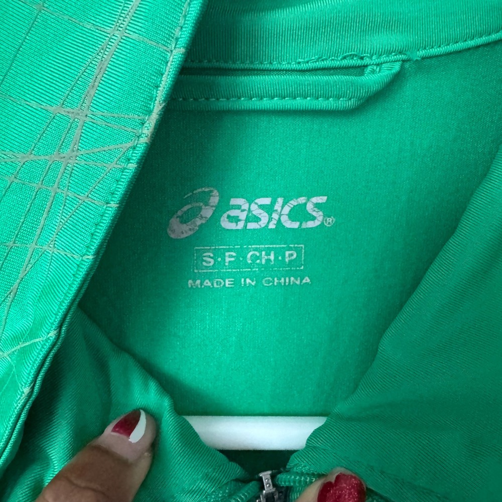 Asics Womens Green Graphic Full Zip Track Jacket Mock Neck Thumbholes Size S - Picture 4 of 5